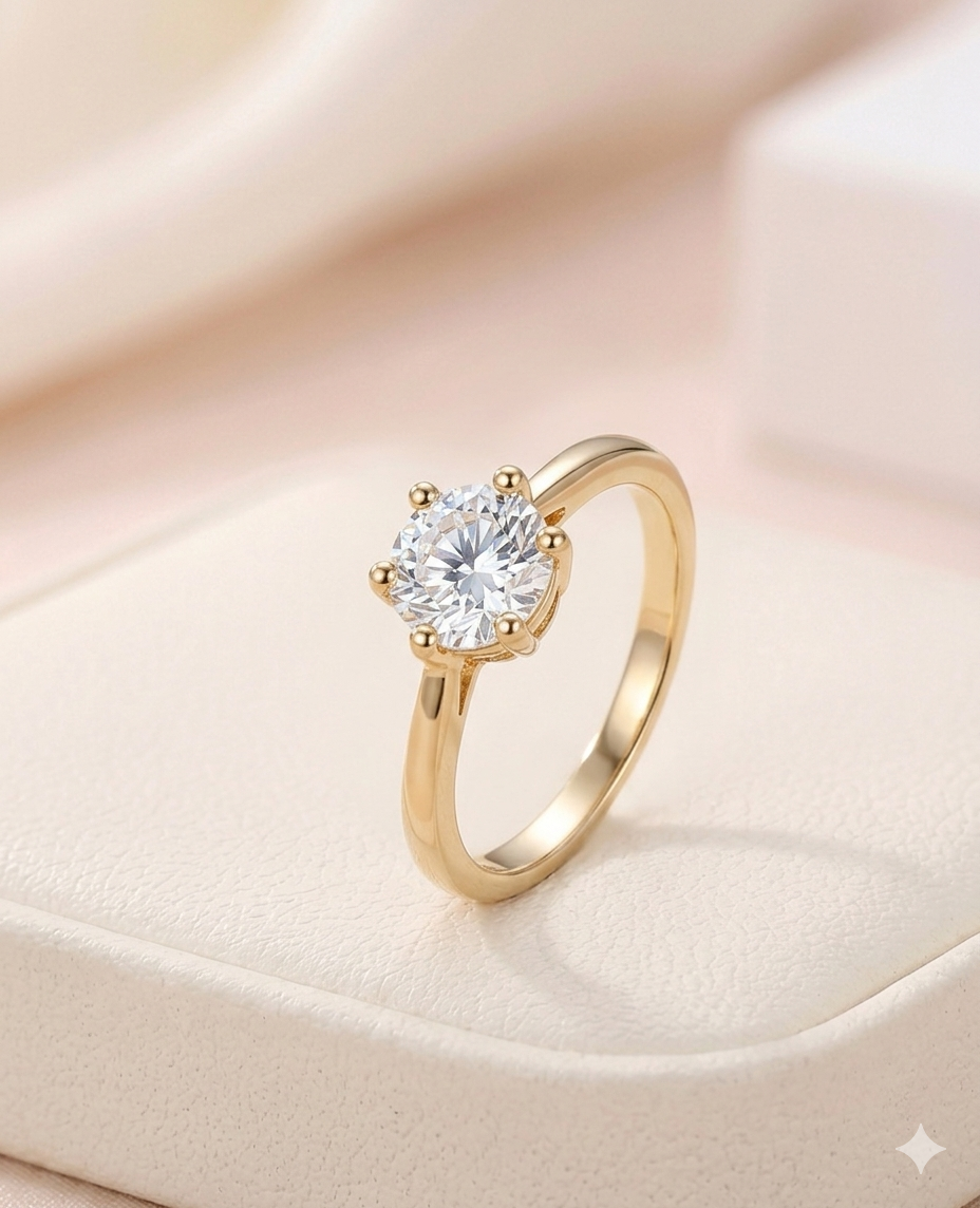1.0 Carat Brilliant Round Moissanite 6-Prong Solitaire Ring in 14K Gold