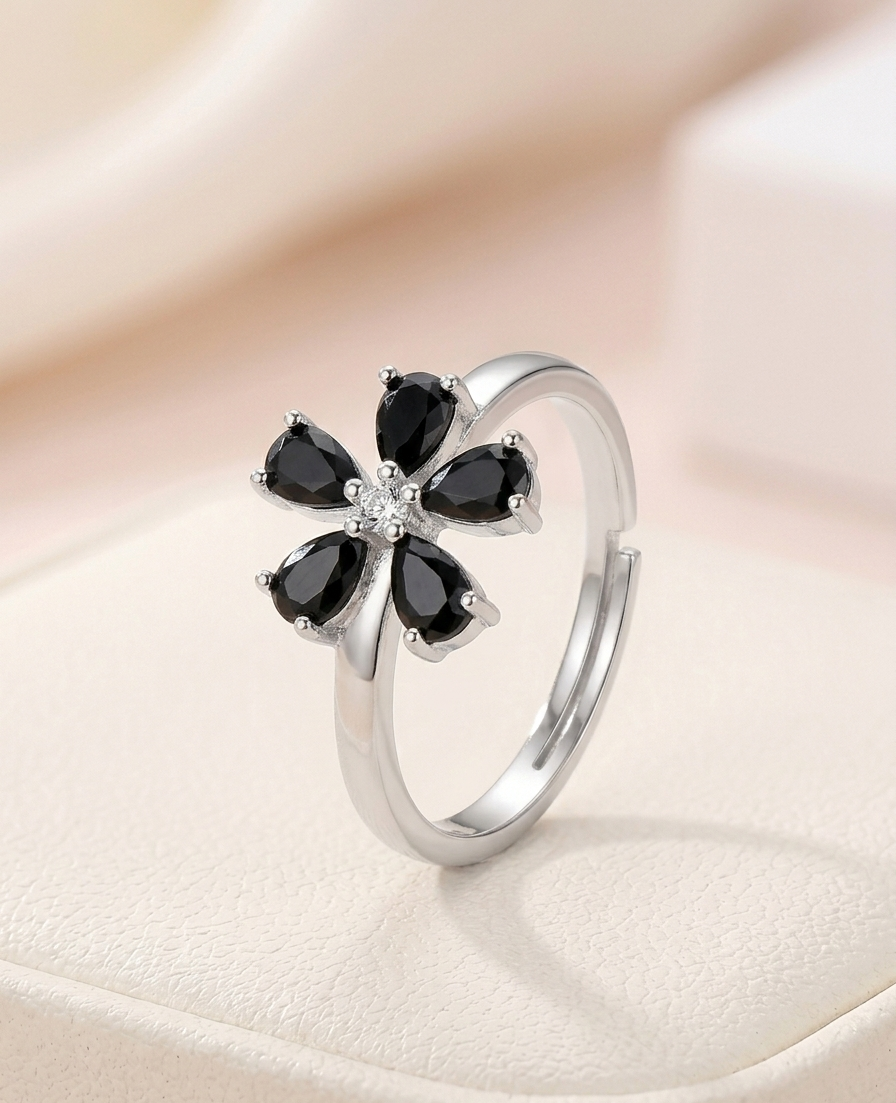 Midnight Bloom Adjustable Floral Ring – Silver [S925] with Onyx-Black Pear-Cut Petals
