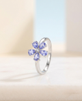 Lavender Bloom Floral Ring – Silver [925 Sterling Silver] Band with Pear-Cut Purple Crystal Petals