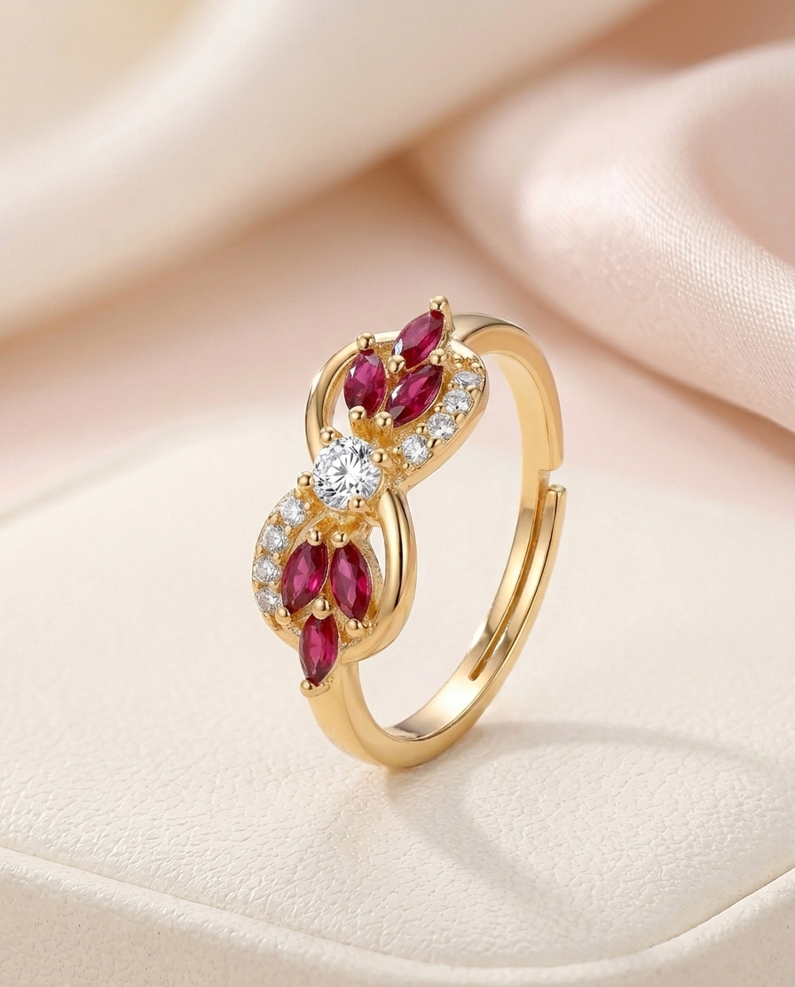 Vintage Infinity Bow Adjustable Ring – Gold Plated with Ruby-Red Marquise Stones and [Cubic Zirconia]