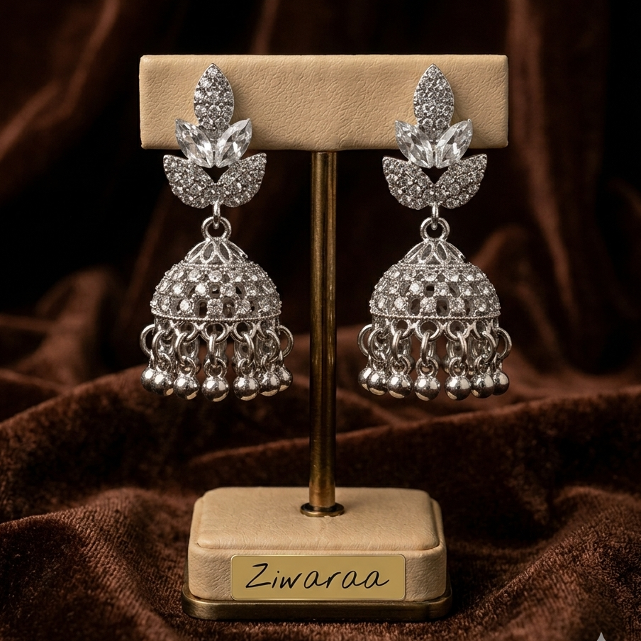 Ethereal Silver Leaf Shimmer Jhumka Earrings