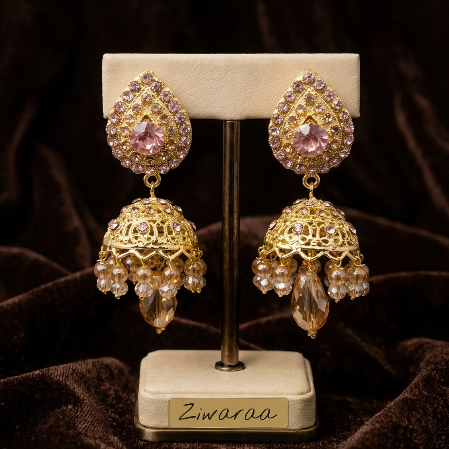Rose Gold & Champagne Crystal Jhumka Earrings