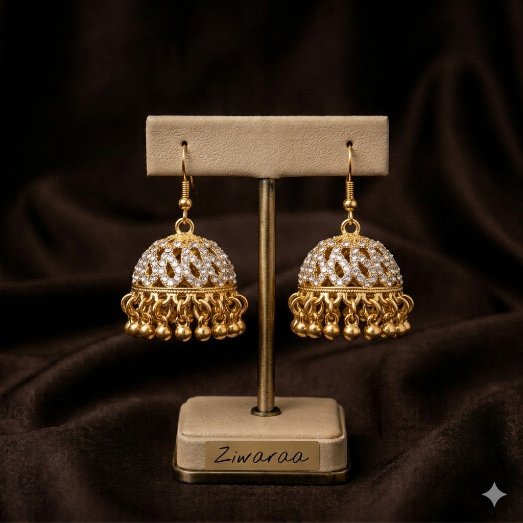 Classic Crystal-Encrusted Gold Jhumkas