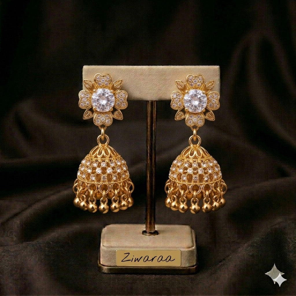 Golden Bloom Crystal Jhumka Earrings