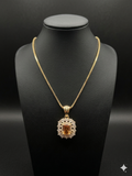 Regal Emerald-Cut Amber Halo Pendant Necklace